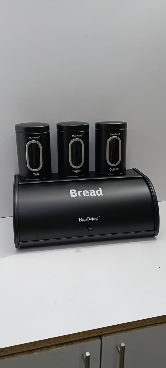 Stylish bread storage bin and three matching canisters