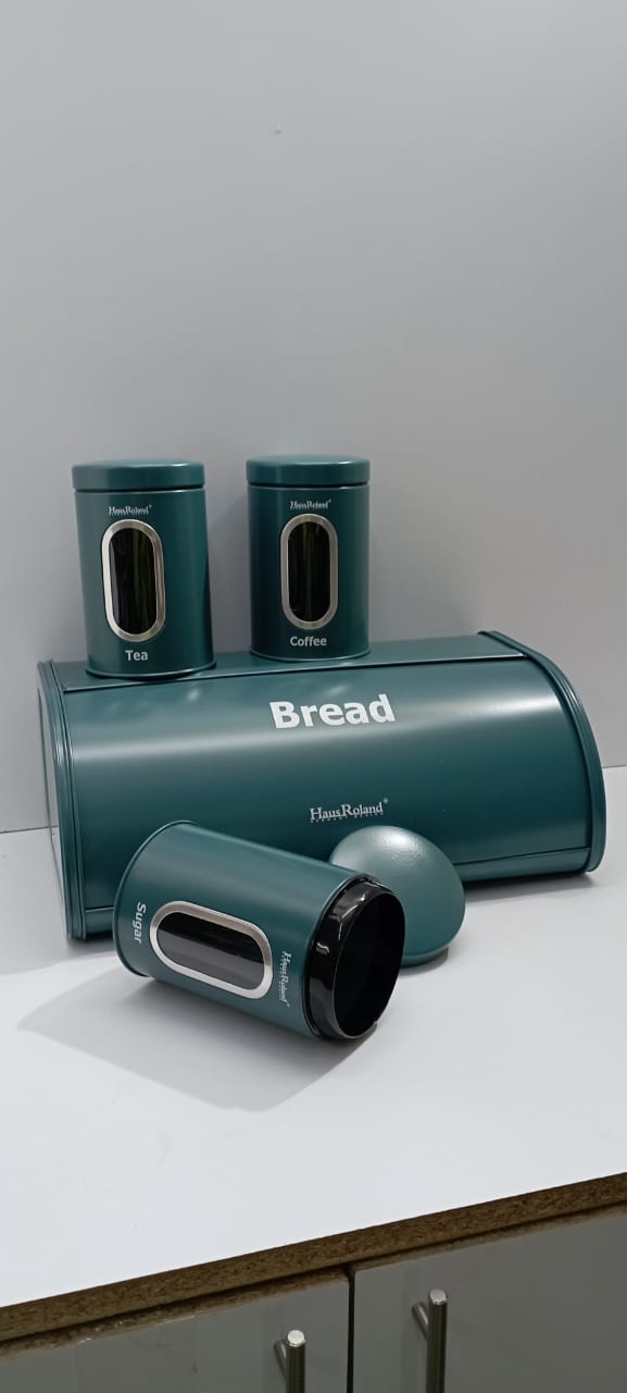 Stylish bread storage bin and three matching canisters