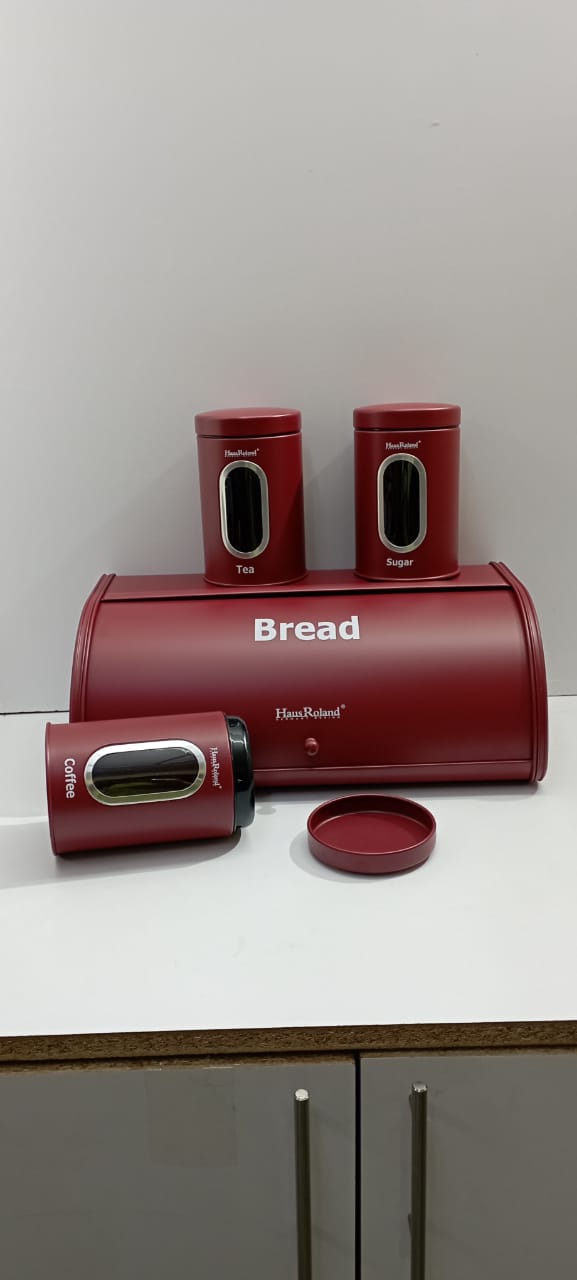 Stylish bread storage bin and three matching canisters