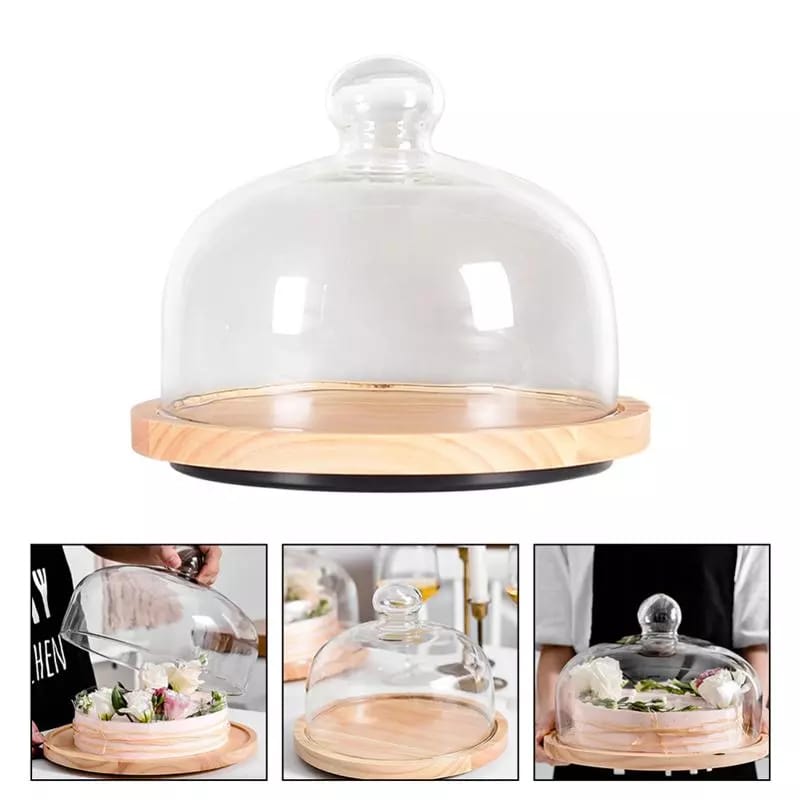 Large size glass cake cover with wooden tray